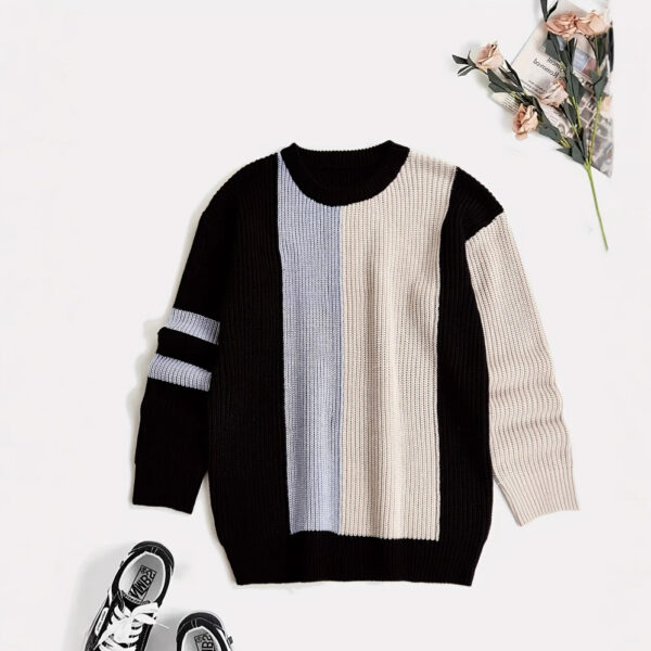 Contrast Color Fashion All-match College Style Round Neck Pullover Men's Sweater - Image 3